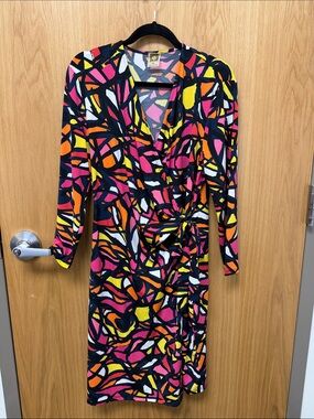 Anne Klein Black Colorful Multicolor Long Sleeve Wrap Dress Knee Length Size XL